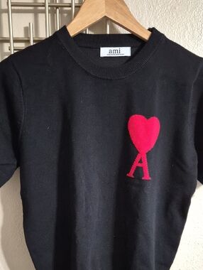 Ami Alexandre Mattiussi Black Crewneck Sweater with Red Heart A Logo
